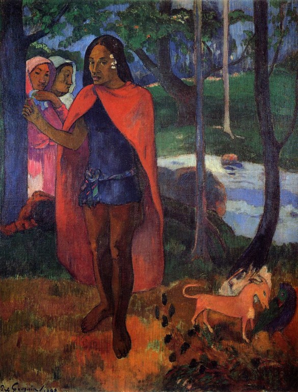 A person stands by a tree, draped in a red cloak, while two figures in pink observe from behind. Nearby, a dog sniffs the ground in a lush forest.